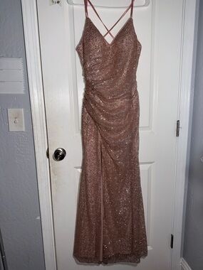 Rose Gold Sequin Ruched V-Neck Prom Dress with Crisscross Straps